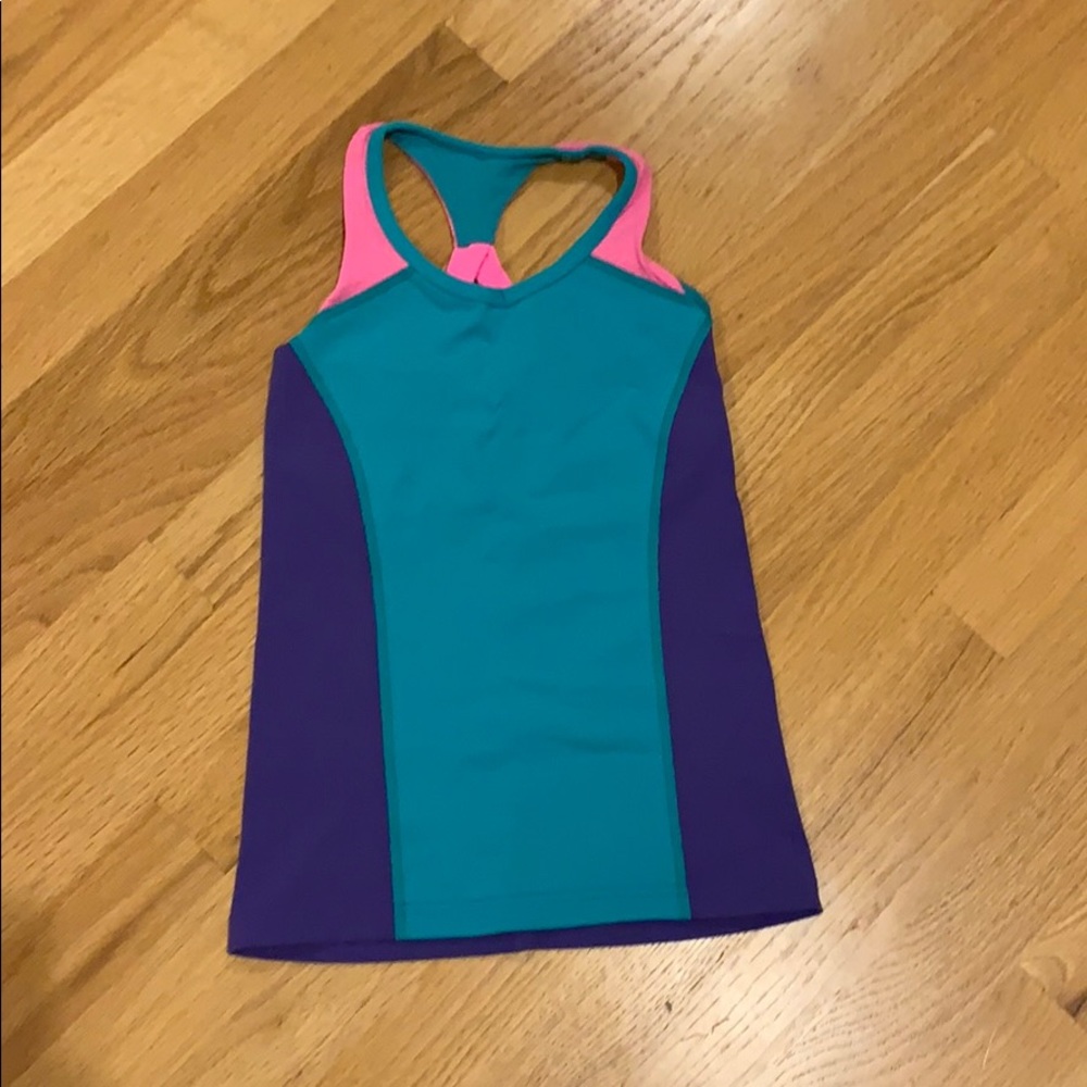 turquoise, hot pink and purple tank -built in bra